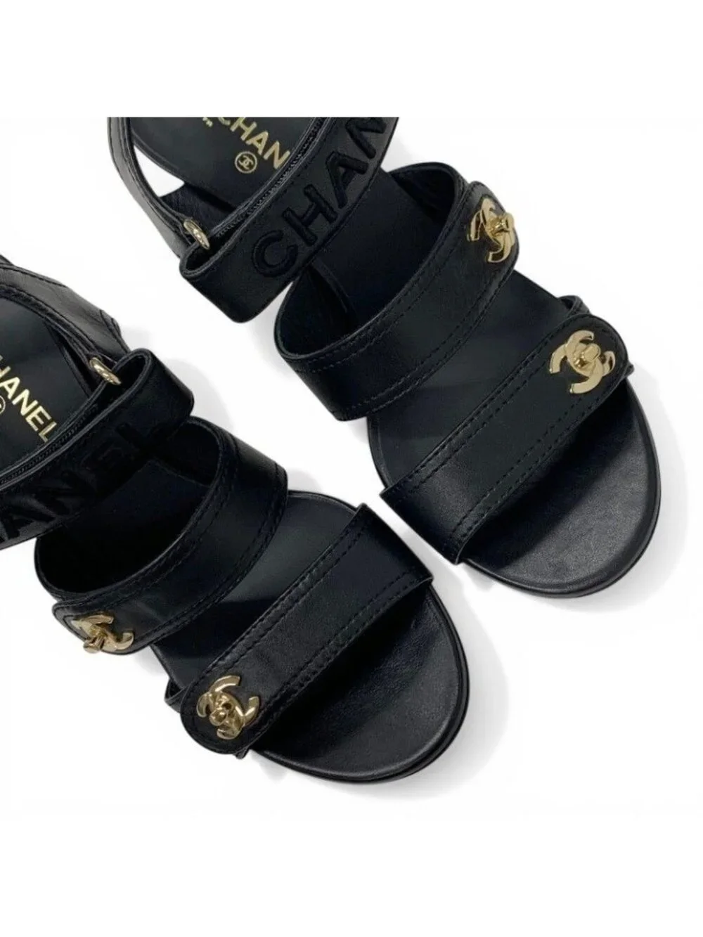 Chanel Sandals Shoes Leather Black Gold CC Logo Turnlock Velcro Strap - Picture 10 of 10